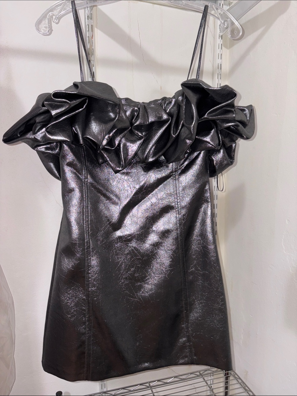 ZARA Chrome Black Faux-Leather Ruffle-Trim Mini Dress